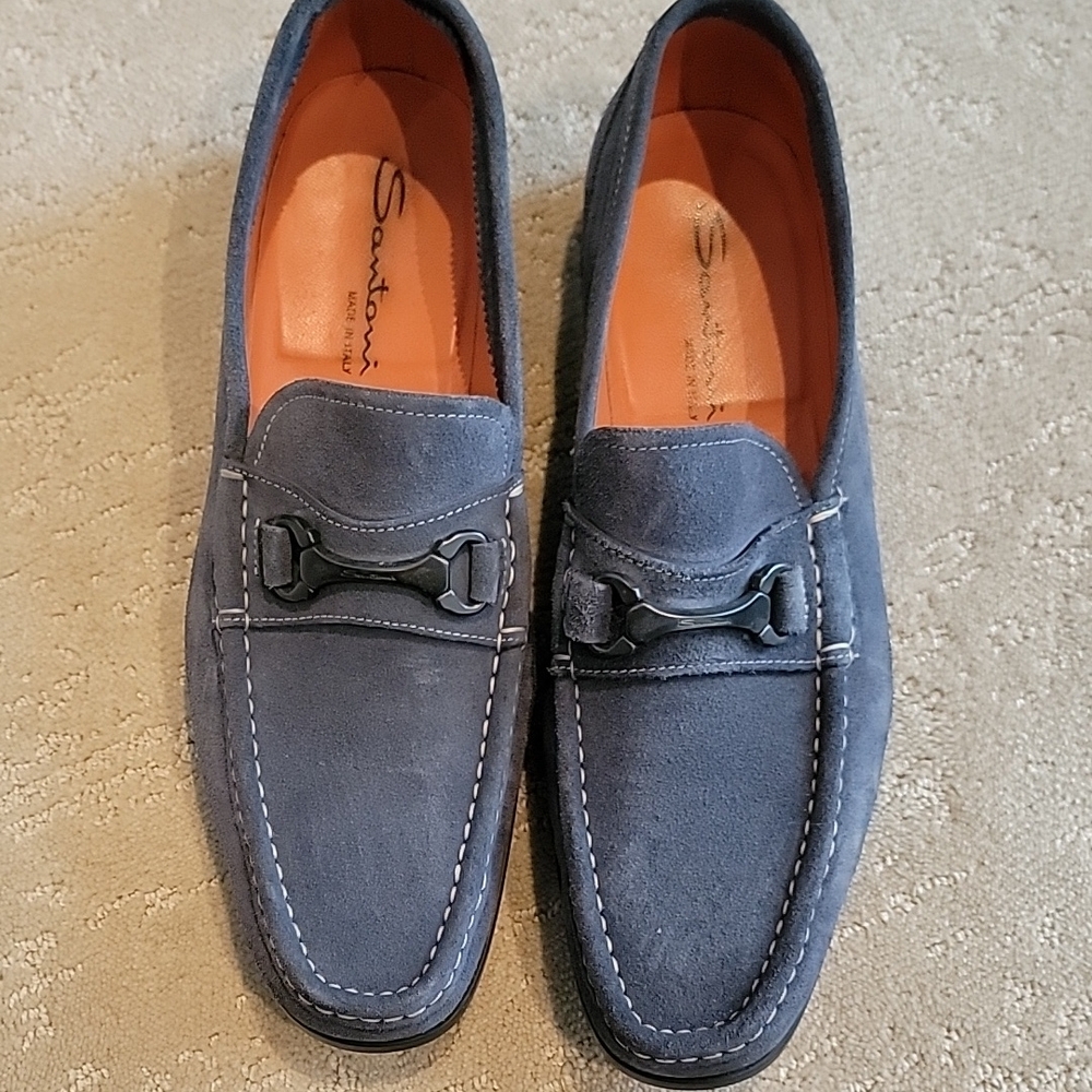 Santoni Blue Loafers with Suede Material and Decorative Strap